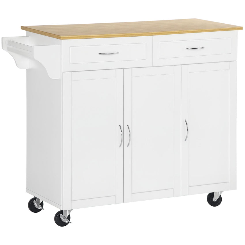 Kitchen Cart with Storage, Rolling Kitchen Island on Wheels with Bamboo Countertop, Drawers, Cabinets, 3 Doors, White