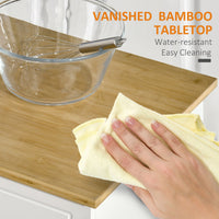 Kitchen Cart with Storage, Rolling Kitchen Island on Wheels with Bamboo Countertop, Drawers, Cabinets, 3 Doors, White