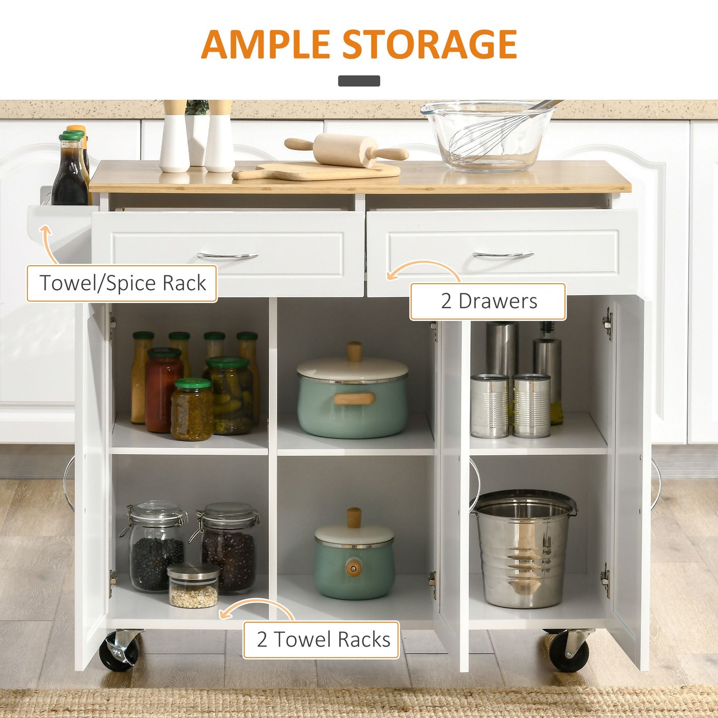 Kitchen Cart with Storage, Rolling Kitchen Island on Wheels with Bamboo Countertop, Drawers, Cabinets, 3 Doors, White