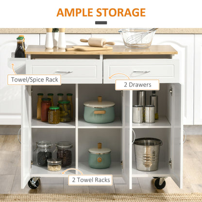 Kitchen Cart with Storage, Rolling Kitchen Island on Wheels with Bamboo Countertop, Drawers, Cabinets, 3 Doors, White