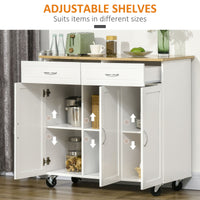 Kitchen Cart with Storage, Rolling Kitchen Island on Wheels with Bamboo Countertop, Drawers, Cabinets, 3 Doors, White