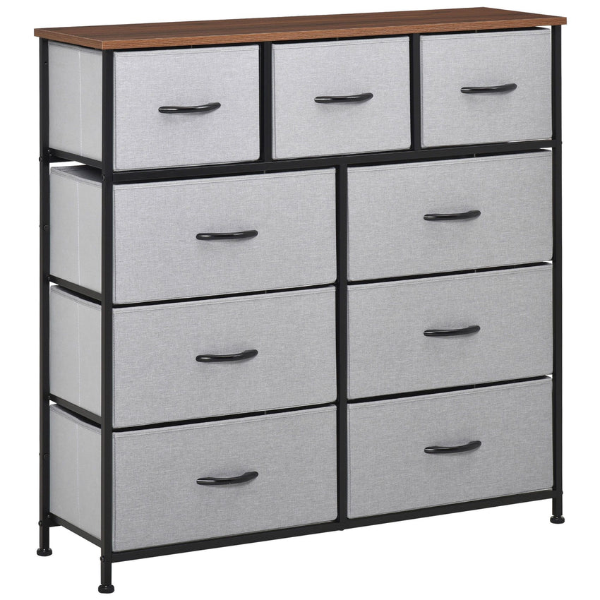 Dresser for Bedroom with 9 Drawers, 4-Tier Fabric Chest of Drawers, Tall Dresser Storage Tower with Steel Frame and Wooden Top for Closets, Nursery Room, Grey