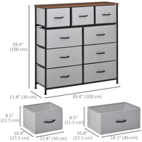 Dresser for Bedroom with 9 Drawers, 4-Tier Fabric Chest of Drawers, Tall Dresser Storage Tower with Steel Frame and Wooden Top for Closets, Nursery Room, Grey