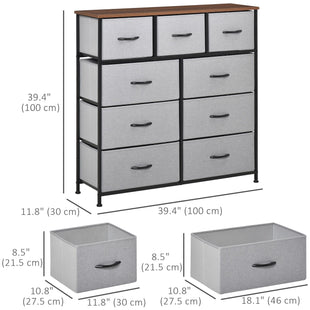 Dresser for Bedroom with 9 Drawers, 4-Tier Fabric Chest of Drawers, Tall Dresser Storage Tower with Steel Frame and Wooden Top for Closets, Nursery Room, Grey