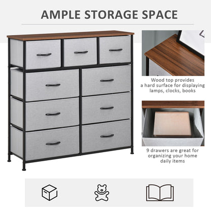 Dresser for Bedroom with 9 Drawers, 4-Tier Fabric Chest of Drawers, Tall Dresser Storage Tower with Steel Frame and Wooden Top for Closets, Nursery Room, Grey