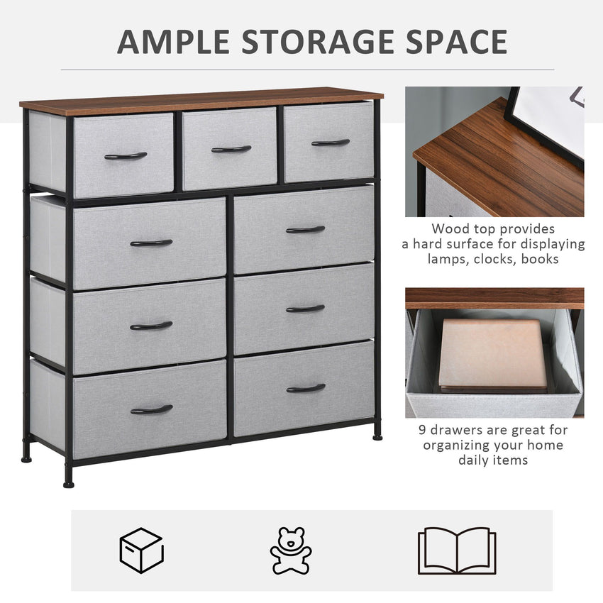 Dresser for Bedroom with 9 Drawers, 4-Tier Fabric Chest of Drawers, Tall Dresser Storage Tower with Steel Frame and Wooden Top for Closets, Nursery Room, Grey