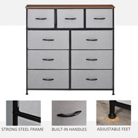 Dresser for Bedroom with 9 Drawers, 4-Tier Fabric Chest of Drawers, Tall Dresser Storage Tower with Steel Frame and Wooden Top for Closets, Nursery Room, Grey