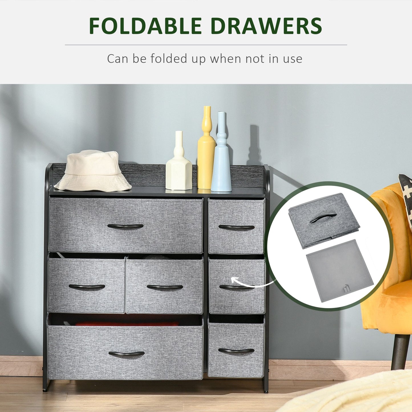 7-Bin Dresser Storage Tower Cabinet Organizer Unit, Easy Pull Fabric Bins with Metal Frame for Bedroom