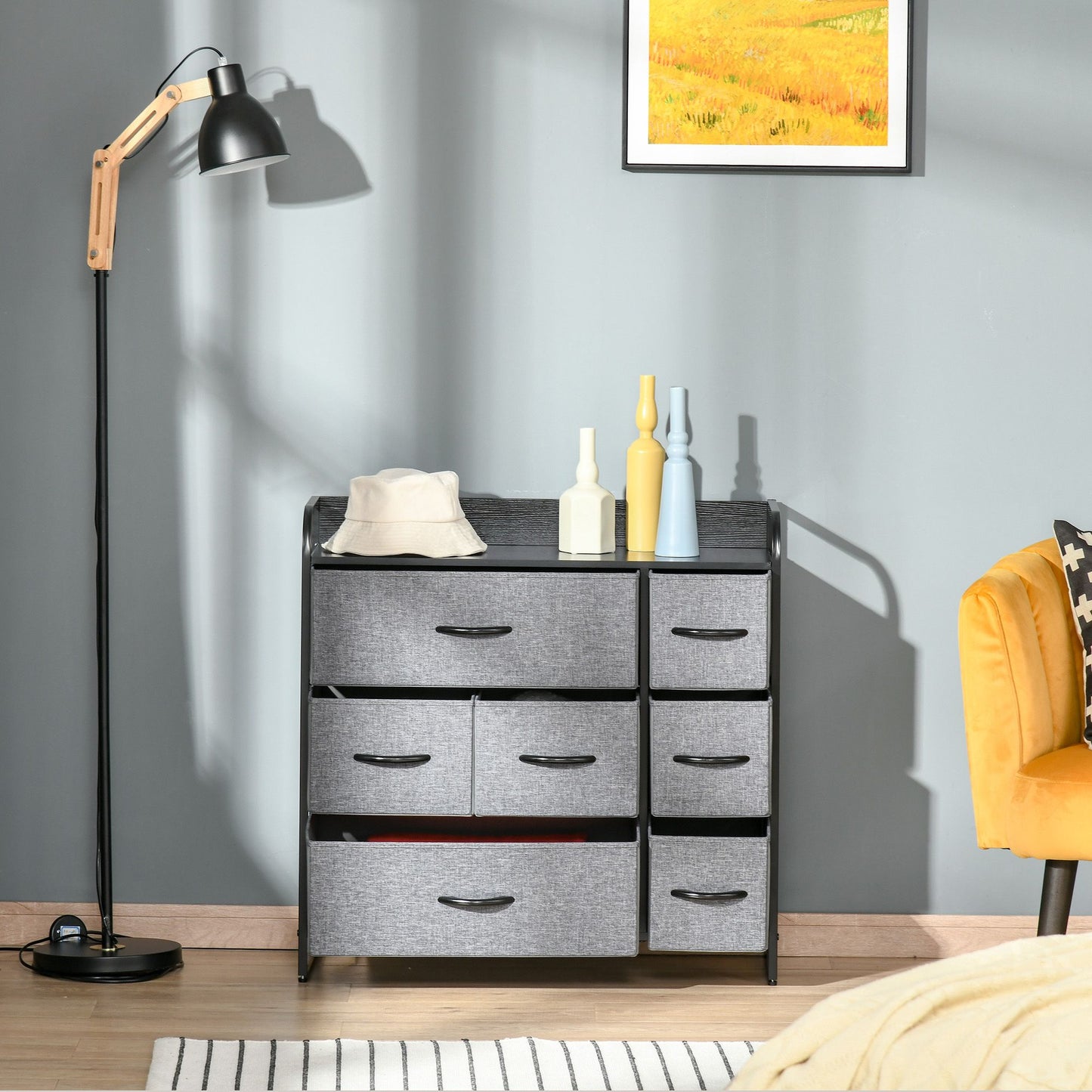 7-Bin Dresser Storage Tower Cabinet Organizer Unit, Easy Pull Fabric Bins with Metal Frame for Bedroom