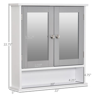 Medicine Cabinet, Wall-Mounted Bathroom Mirror Cabinet with Double Doors, Open Shelf, and Adjustable Shelf, Modern Bathroom Wall Cabinet, White and Grey
