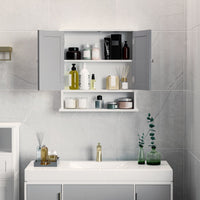 Medicine Cabinet, Wall-Mounted Bathroom Mirror Cabinet with Double Doors, Open Shelf, and Adjustable Shelf, Modern Bathroom Wall Cabinet, White and Grey