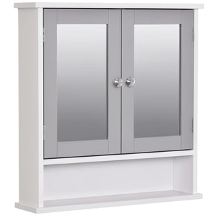 Medicine Cabinet, Wall-Mounted Bathroom Mirror Cabinet with Double Doors, Open Shelf, and Adjustable Shelf, Modern Bathroom Wall Cabinet, White and Grey