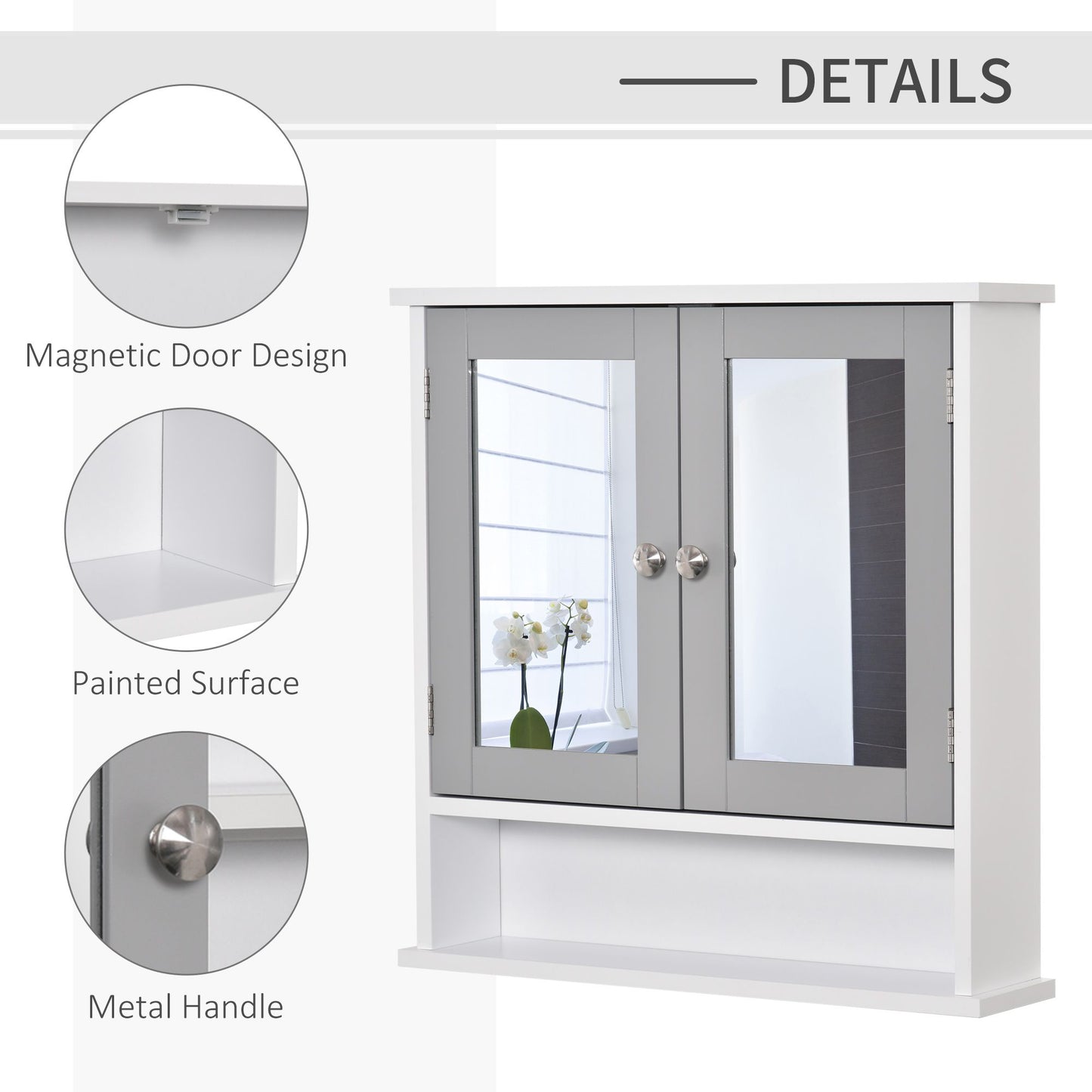 Medicine Cabinet, Wall-Mounted Bathroom Mirror Cabinet with Double Doors, Open Shelf, and Adjustable Shelf, Modern Bathroom Wall Cabinet, White and Grey
