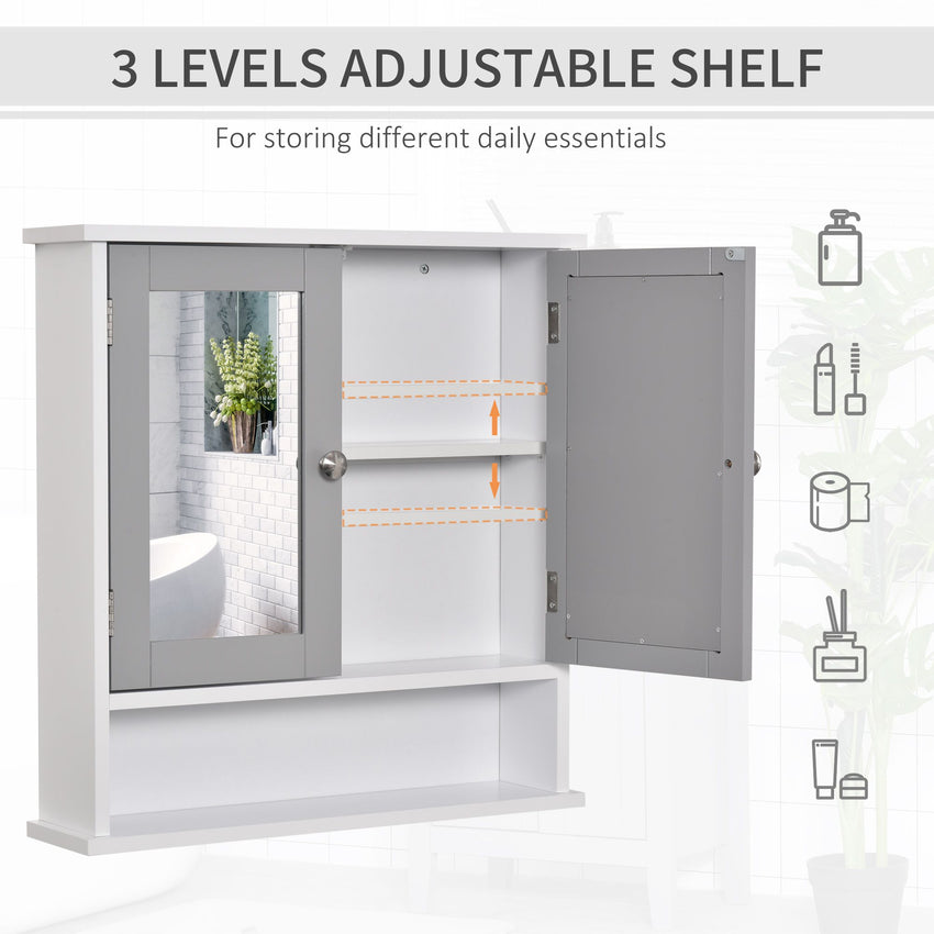 Medicine Cabinet, Wall-Mounted Bathroom Mirror Cabinet with Double Doors, Open Shelf, and Adjustable Shelf, Modern Bathroom Wall Cabinet, White and Grey