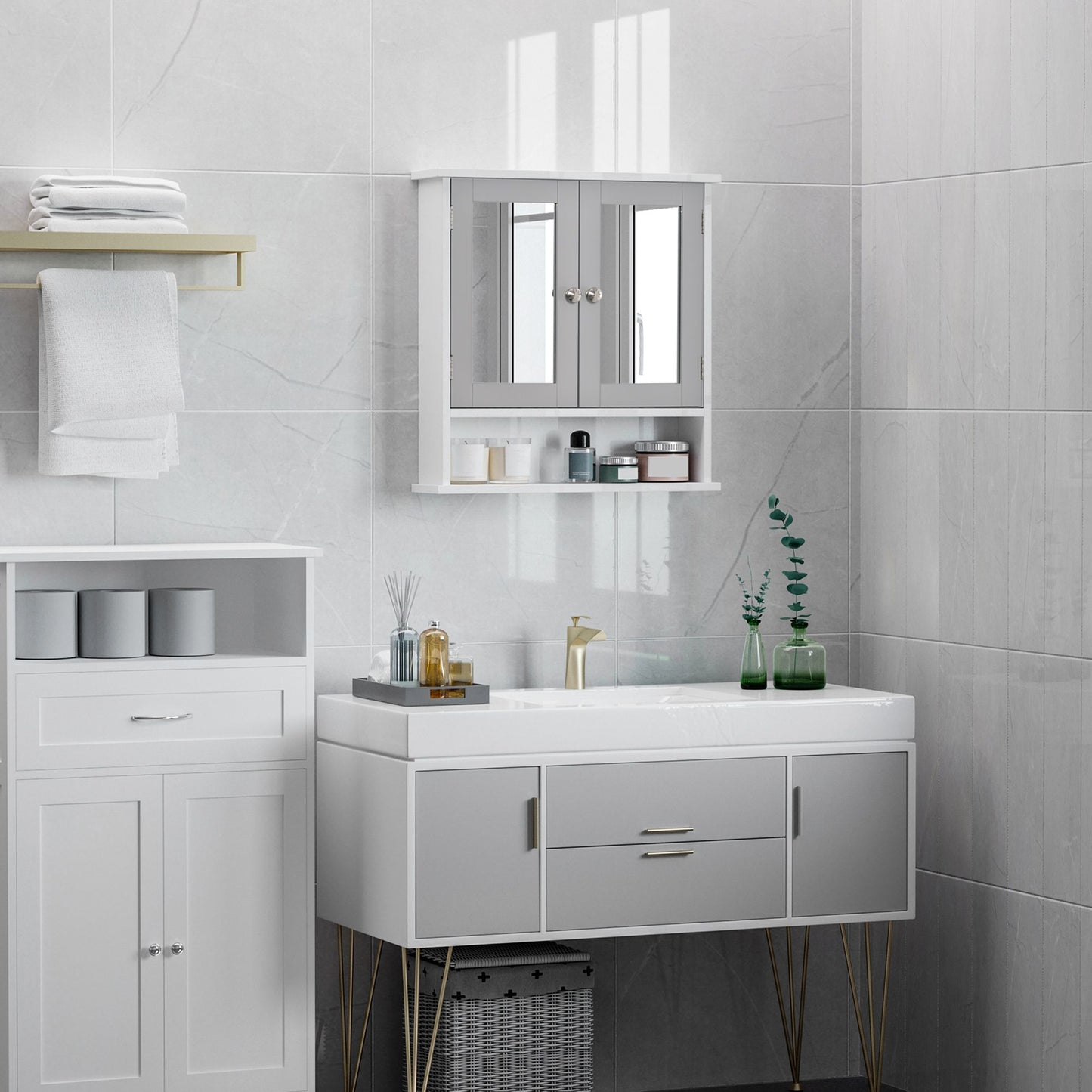 Medicine Cabinet, Wall-Mounted Bathroom Mirror Cabinet with Double Doors, Open Shelf, and Adjustable Shelf, Modern Bathroom Wall Cabinet, White and Grey