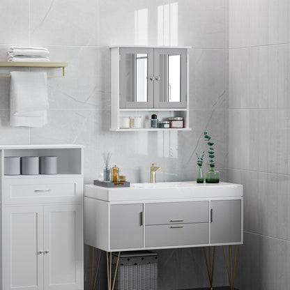 Medicine Cabinet, Wall-Mounted Bathroom Mirror Cabinet with Double Doors, Open Shelf, and Adjustable Shelf, Modern Bathroom Wall Cabinet, White and Grey
