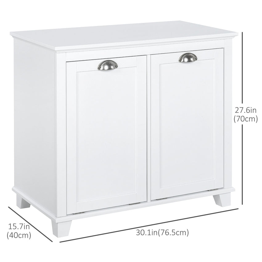 Tilt-Out Laundry Storage Cabinet, Bathroom Storage Organizer with Two-Compartment Tilt Out Hamper, White