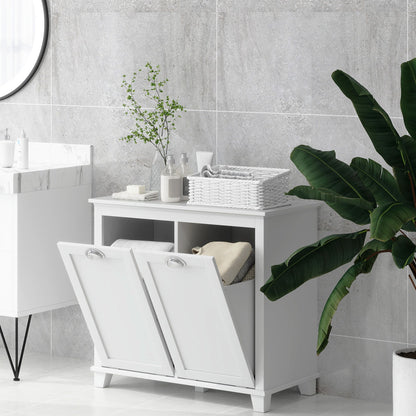 Tilt-Out Laundry Storage Cabinet, Bathroom Storage Organizer with Two-Compartment Tilt Out Hamper, White