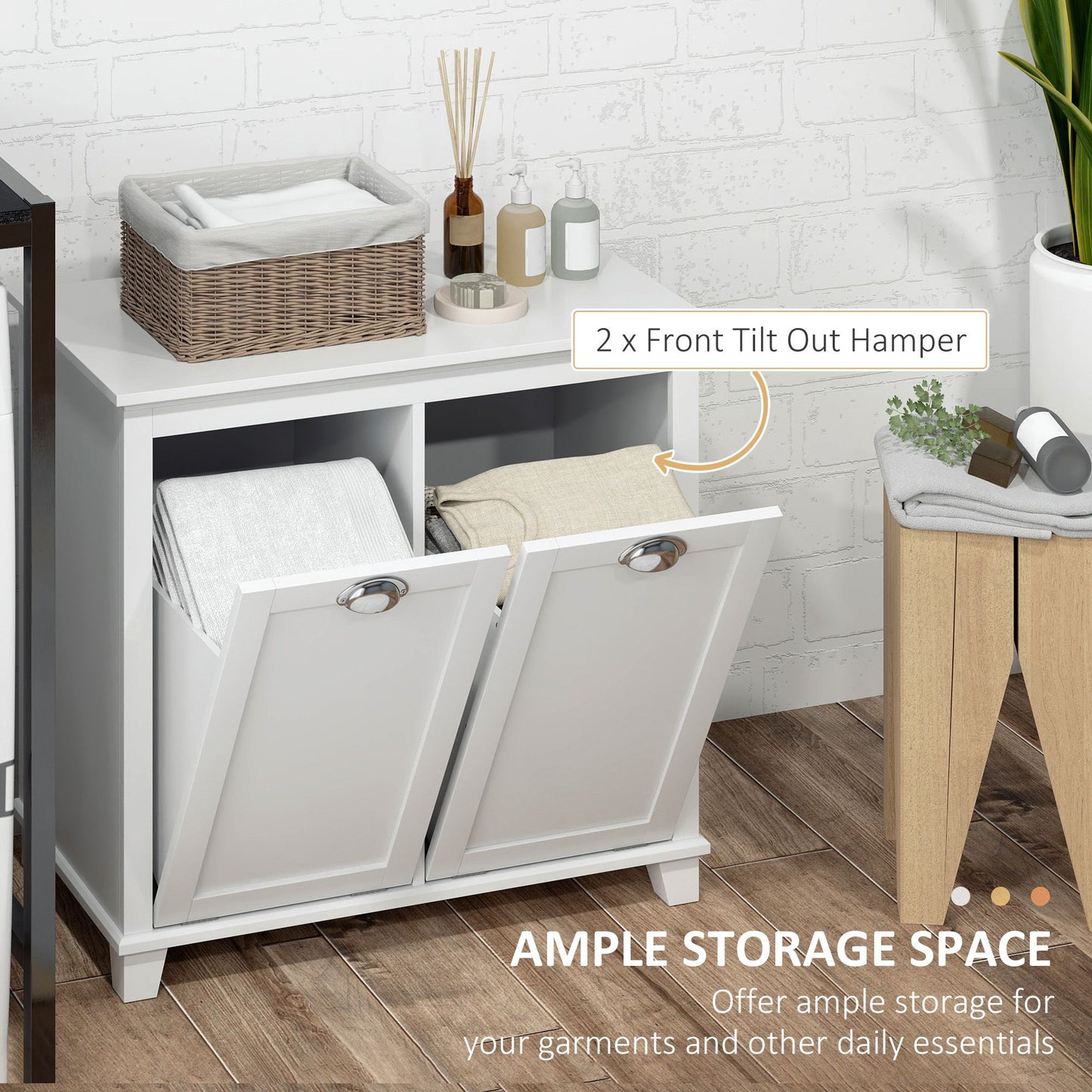 Tilt-Out Laundry Storage Cabinet, Bathroom Storage Organizer with Two-Compartment Tilt Out Hamper, White