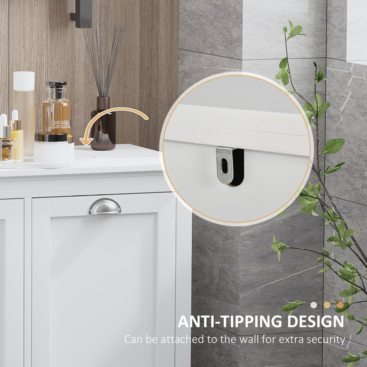 Tilt-Out Laundry Storage Cabinet, Bathroom Storage Organizer with Two-Compartment Tilt Out Hamper, White