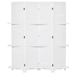 4-Panel Wall Partition Room Separator with 3 Storage Shelves Foldable Design Wooden Frame 5.6FT White