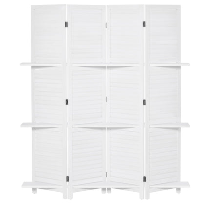 4-Panel Wall Partition Room Separator with 3 Storage Shelves Foldable Design Wooden Frame 5.6FT White