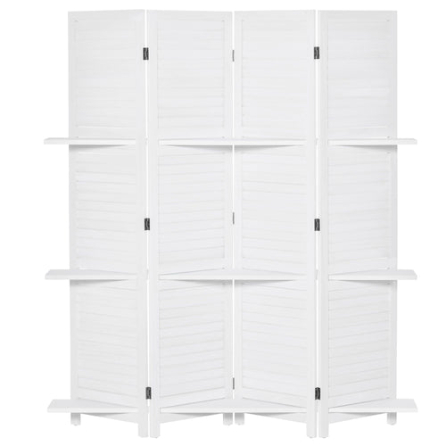 4-Panel Wall Partition Room Separator with 3 Storage Shelves Foldable Design Wooden Frame 5.6FT White