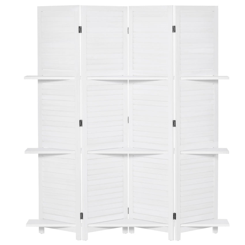 4-Panel Wall Partition Room Separator with 3 Storage Shelves Foldable Design Wooden Frame 5.6FT White