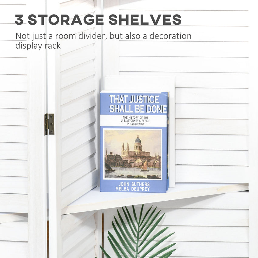 4-Panel Wall Partition Room Separator with 3 Storage Shelves Foldable Design Wooden Frame 5.6FT White