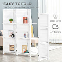 4-Panel Wall Partition Room Separator with 3 Storage Shelves Foldable Design Wooden Frame 5.6FT White