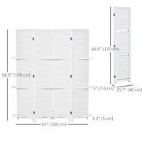 4-Panel Wall Partition Room Separator with 3 Storage Shelves Foldable Design Wooden Frame 5.6FT White