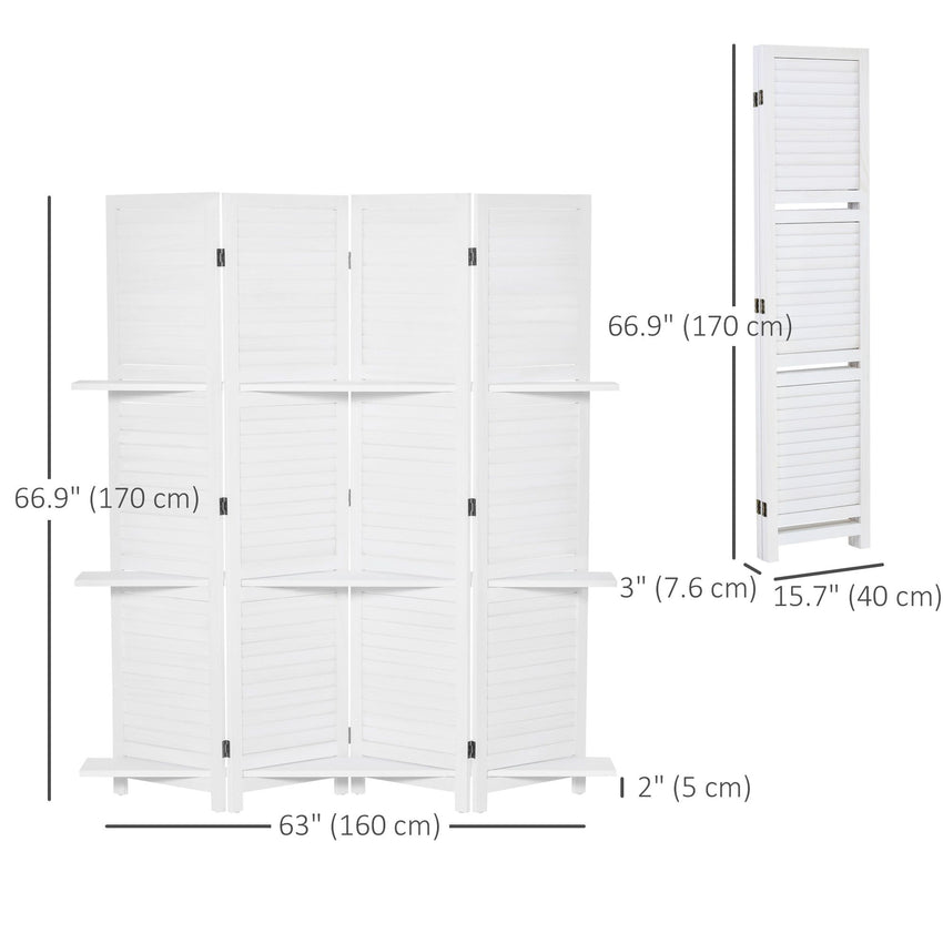 4-Panel Wall Partition Room Separator with 3 Storage Shelves Foldable Design Wooden Frame 5.6FT White