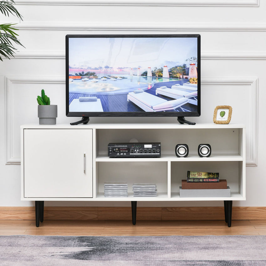 Modern TV Stand Cabinet for TVs up to 60 Inches with Storage Shelf, Cable Hole, Home Entertainment Unit Center, for Living Room Bedroom, White