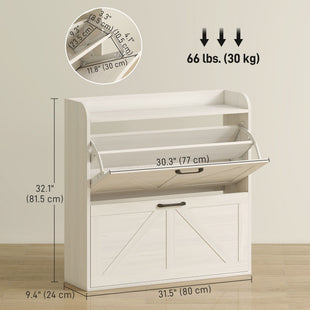 Narrow Shoe Storage Cabinet, Farmhouse Slim Shoe Cabinet with 2 Flip Drawers, Adjustable Shelves, White Oak