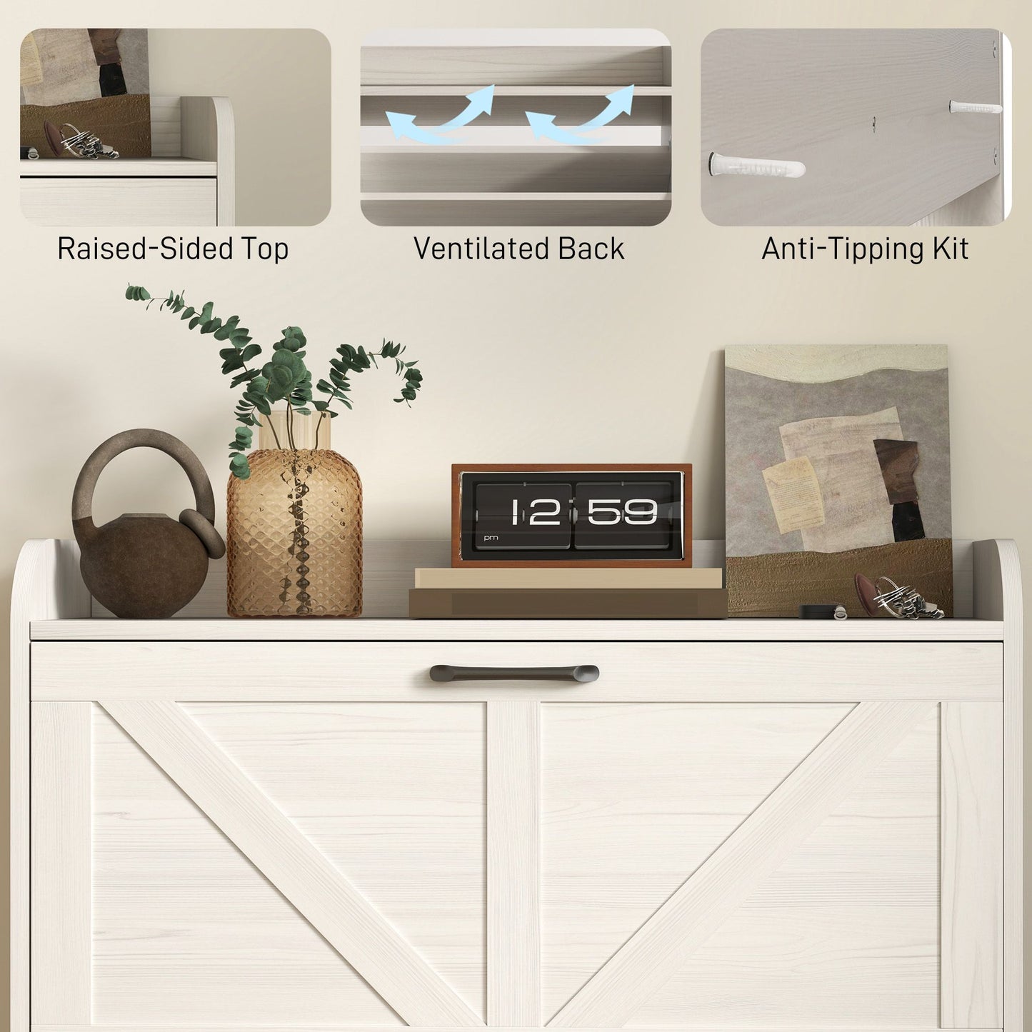 Narrow Shoe Storage Cabinet, Farmhouse Slim Shoe Cabinet with 2 Flip Drawers, Adjustable Shelves, White Oak