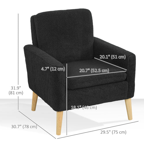 Fabric Accent Chair, Modern Upholstered Armchair with Wood Legs and Wide Padded Seat, Black