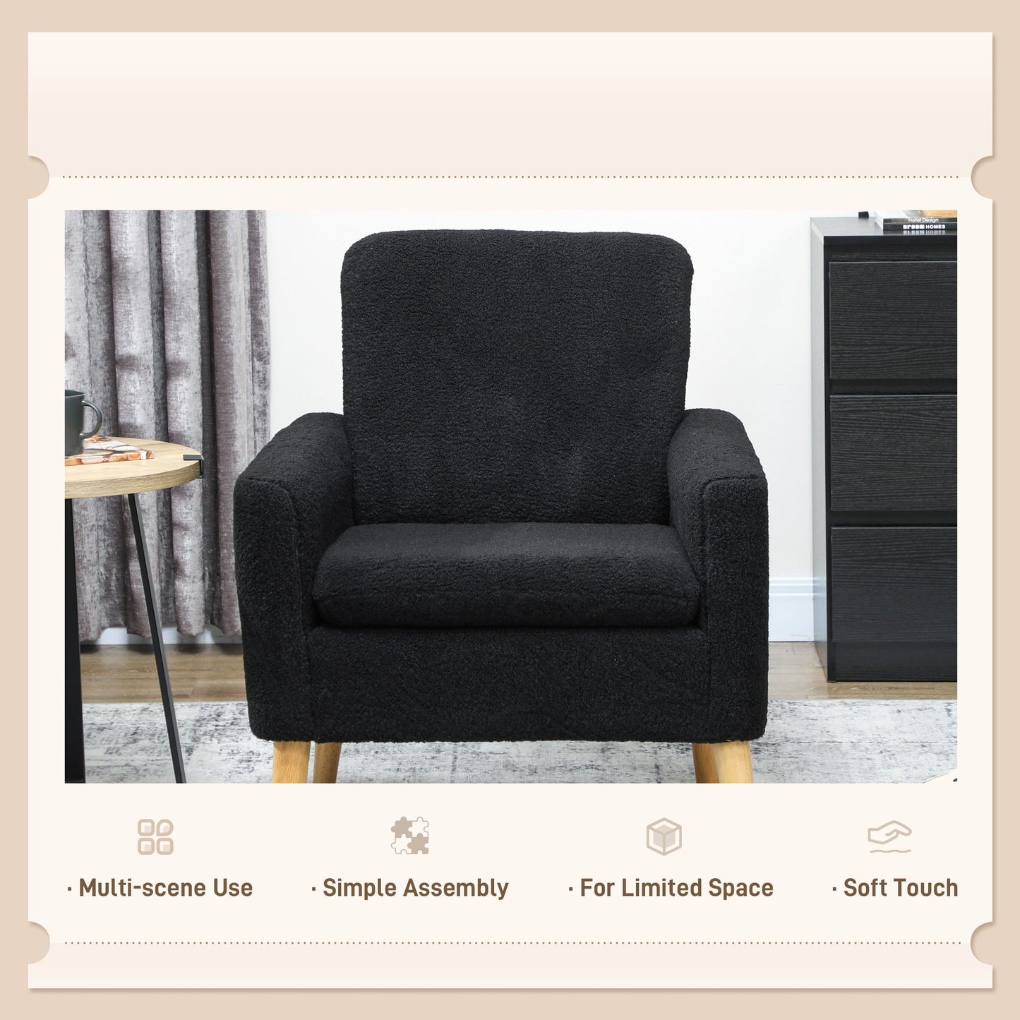 Fabric Accent Chair, Modern Upholstered Armchair with Wood Legs and Wide Padded Seat, Black