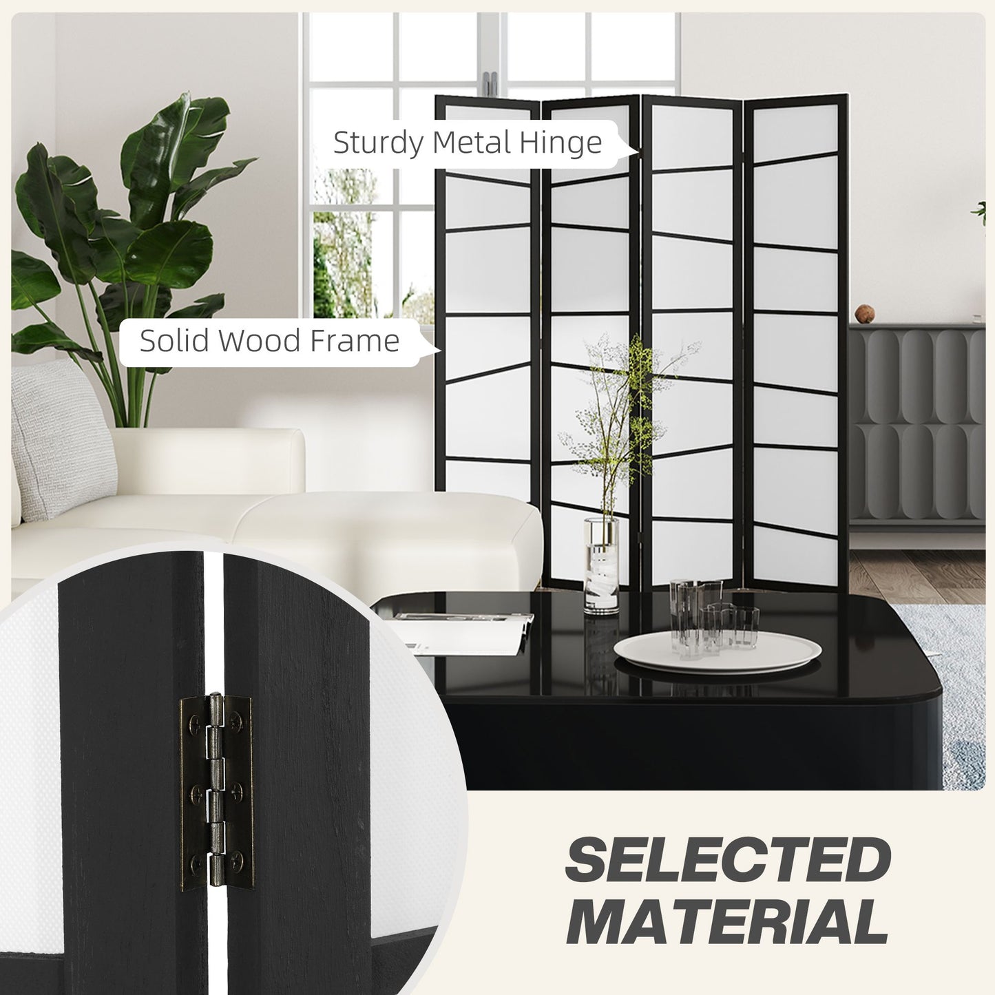 5.6ft Folding Room Divider, 4 Panel Wall Partition with Wood Frame for Bedroom, Home Office, White