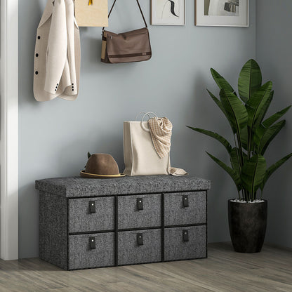 Shoe Bench with Seat, Shoe Storage Bench with Cushion and 6 Fabric Drawers for Entryway, Hallway, Bedroom, Charcoal Grey