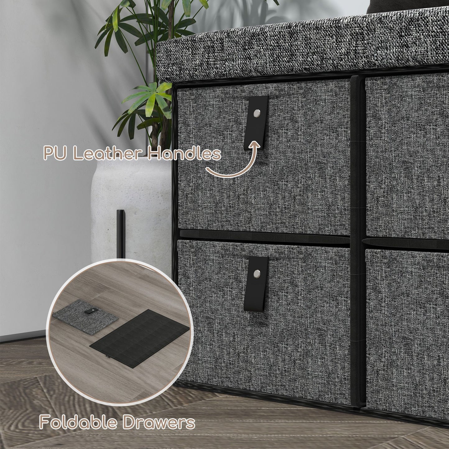 Shoe Bench with Seat, Shoe Storage Bench with Cushion and 6 Fabric Drawers for Entryway, Hallway, Bedroom, Charcoal Grey