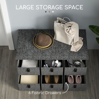 Shoe Bench with Seat, Shoe Storage Bench with Cushion and 6 Fabric Drawers for Entryway, Hallway, Bedroom, Charcoal Grey