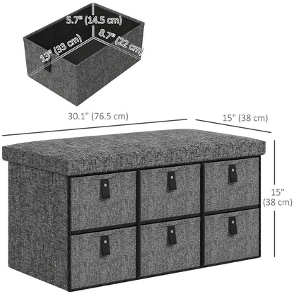 Shoe Bench with Seat, Shoe Storage Bench with Cushion and 6 Fabric Drawers for Entryway, Hallway, Bedroom, Charcoal Grey