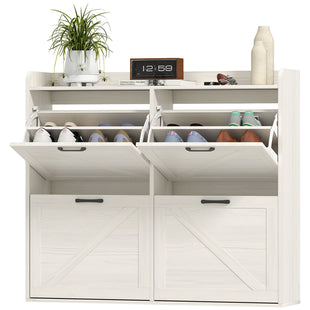 Narrow Shoe Storage Cabinet with 4 Flip Drawers, Adjustable Shelves, 16 Pair Farmhouse Shoe Cabinet, White Oak