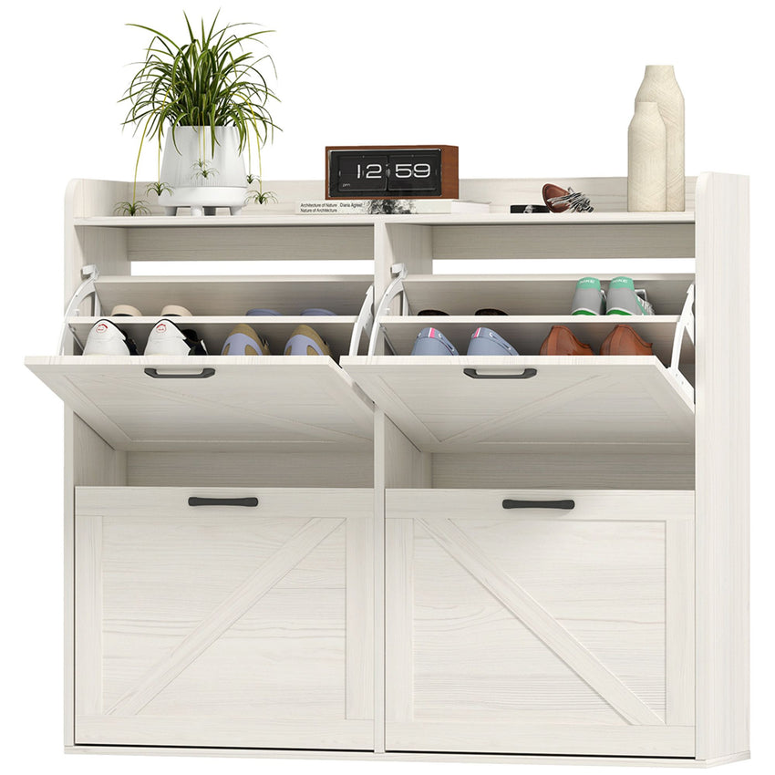 Narrow Shoe Storage Cabinet with 4 Flip Drawers, Adjustable Shelves, 16 Pair Farmhouse Shoe Cabinet, White Oak