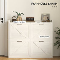 Narrow Shoe Storage Cabinet with 4 Flip Drawers, Adjustable Shelves, 16 Pair Farmhouse Shoe Cabinet, White Oak