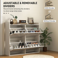 Narrow Shoe Storage Cabinet with 4 Flip Drawers, Adjustable Shelves, 16 Pair Farmhouse Shoe Cabinet, White Oak