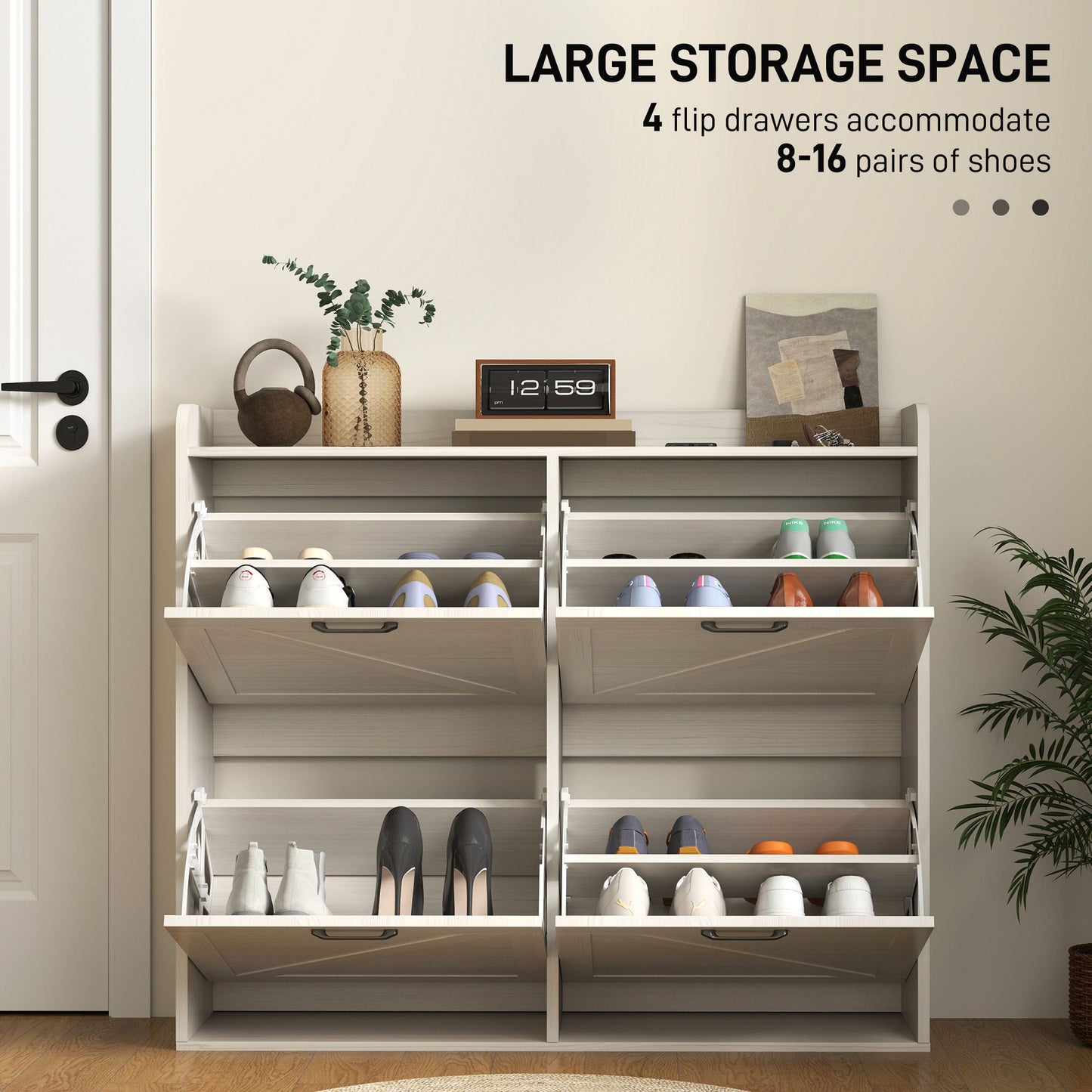 Narrow Shoe Storage Cabinet with 4 Flip Drawers, Adjustable Shelves, 16 Pair Farmhouse Shoe Cabinet, White Oak