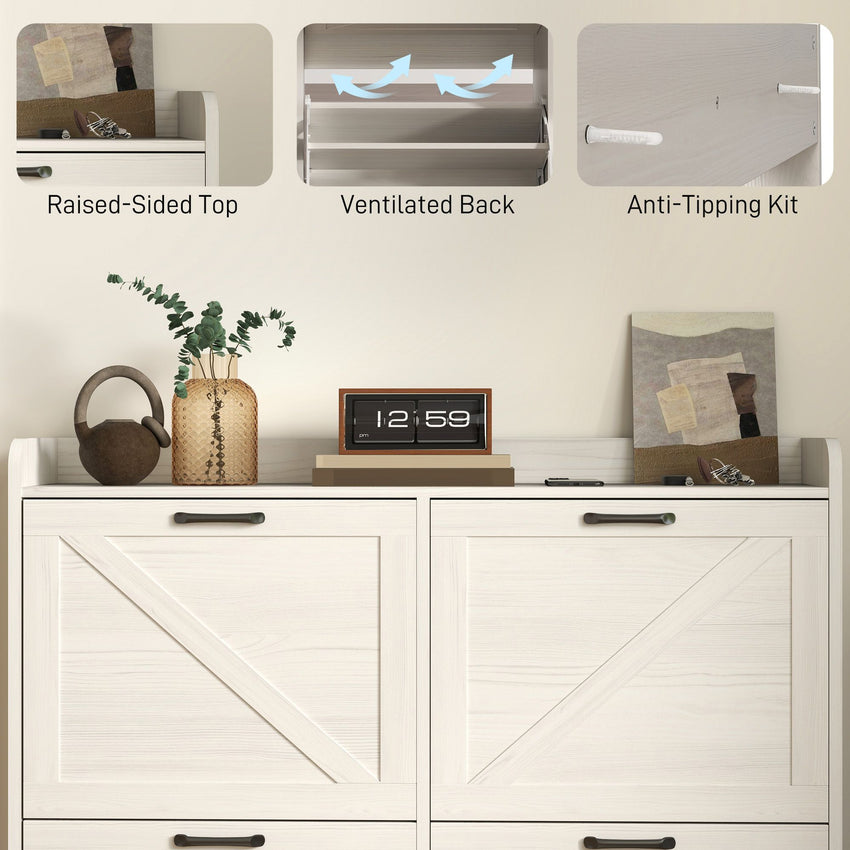 Narrow Shoe Storage Cabinet with 4 Flip Drawers, Adjustable Shelves, 16 Pair Farmhouse Shoe Cabinet, White Oak