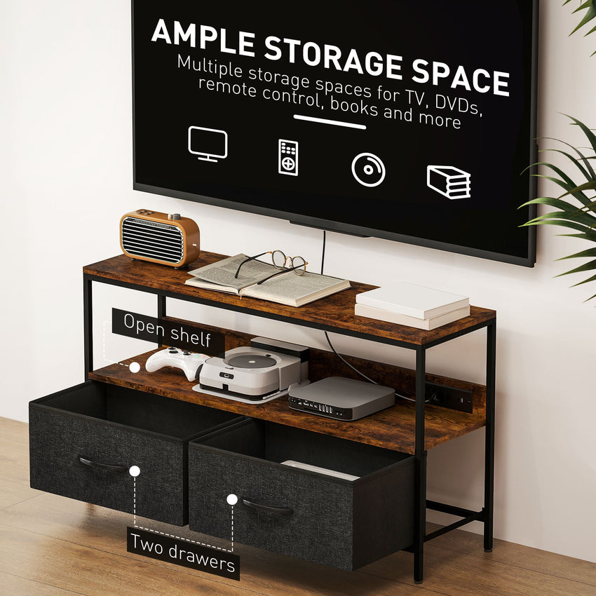 TV Stand with Charging Station, TV Table with 2 Foldable Linen Drawers and Open Shelf for 47 Inch TV, Rustic Brown