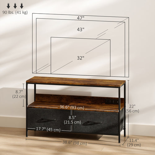TV Stand with Charging Station, TV Table with 2 Foldable Linen Drawers and Open Shelf for 47 Inch TV, Rustic Brown